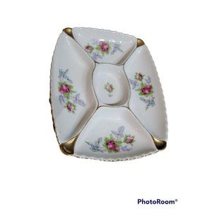 Marco Japan Divided Dish Porcelain Candy Trinkets Roses Scalloped Gold Trim Vtg